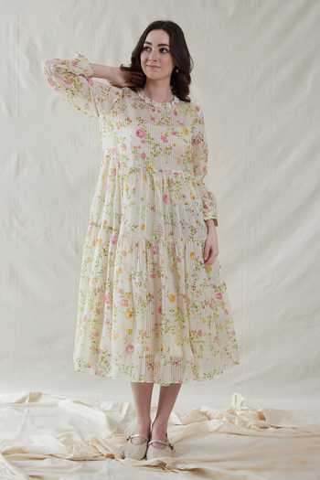 Buy_Dhaari_Pink Silk, Cotton Round Neck Hand Painted Handwoven Dress And Slip Set _at_Aza_Fashions