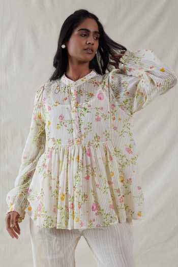 Buy_Dhaari_Pink Silk, Cotton Mandarin Collar Handwoven Top And Slip Set _at_Aza_Fashions