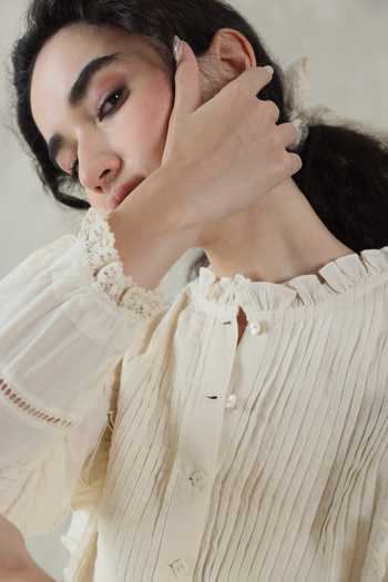 Shop_Dhaari_Off White Silk, Cotton High Neck Handwoven Top And Slip Set _at_Aza_Fashions