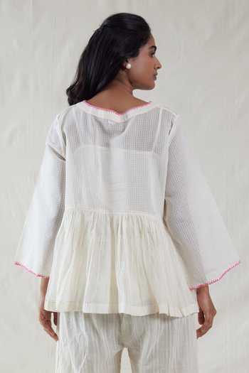 Shop_Dhaari_Off White Silk, Cotton Scoop Neck Handwoven Top And Slip Set _at_Aza_Fashions