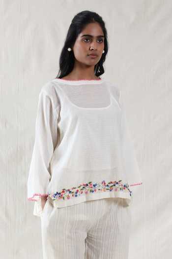 Buy_Dhaari_Off White Silk, Cotton Scoop Neck Handwoven Top And Slip Set _at_Aza_Fashions