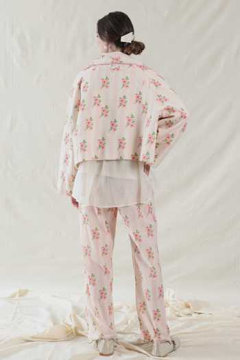 Shop_Dhaari_Pink Silk, Cotton Hand Painted Floral Handwoven Jacket _at_Aza_Fashions