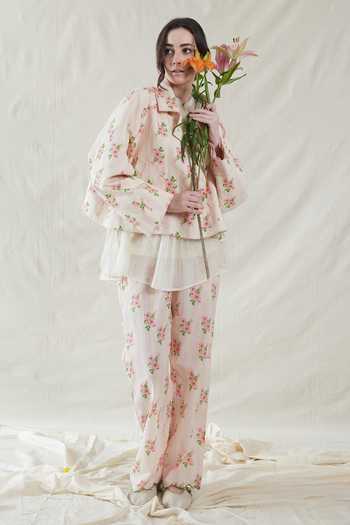 Dhaari_Pink Silk, Cotton Hand Painted Floral Handwoven Jacket _Online_at_Aza_Fashions