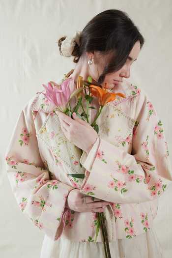 Buy_Dhaari_Pink Silk, Cotton Hand Painted Floral Handwoven Jacket _Online_at_Aza_Fashions