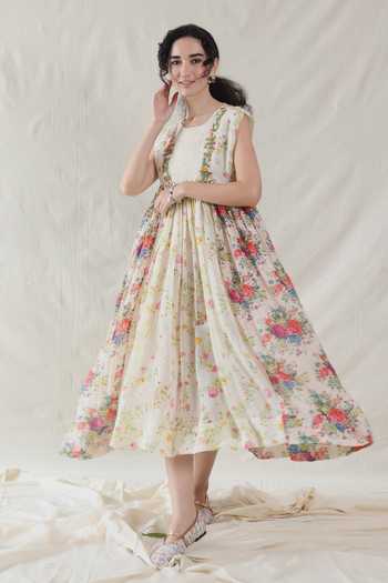 Buy_Dhaari_Pink Silk, Cotton Round Neck Handwoven Dress And Slip _at_Aza_Fashions
