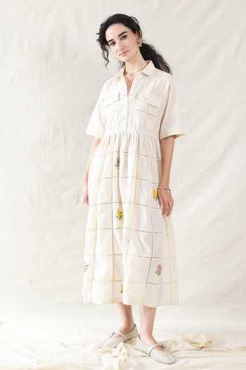 Buy_Dhaari_Off White Silk, Cotton Collared Handwoven Dress _at_Aza_Fashions