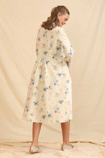 Shop_Dhaari_Blue Silk, Cotton Mandarin Collar Hand Painted Handwoven Dress _at_Aza_Fashions