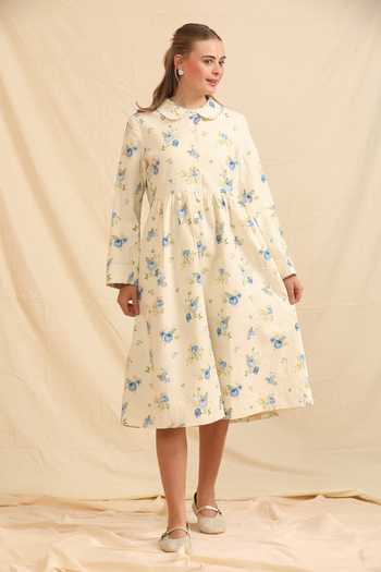 Buy_Dhaari_Blue Silk, Cotton Mandarin Collar Hand Painted Handwoven Dress _at_Aza_Fashions