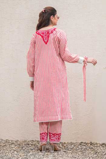 Shop_Daljit Sudan_Red Cotton Split V-neck Striped Phiran Kurta And Pant Set _at_Aza_Fashions