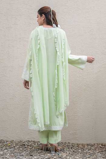 Shop_Daljit Sudan_Green Cotton, Organza Keyhole Neck, Yes Placed Embroidered Kurta Set _at_Aza_Fashions