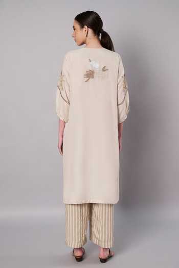 Shop_Doux Amour_Ivory Chanderi, Tissue Round Neck Petal Promise Embroidered Kurta Set _at_Aza_Fashions