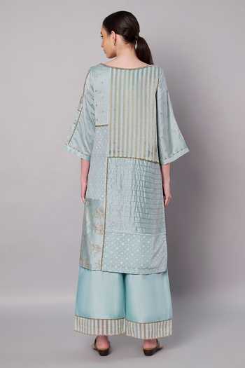 Shop_Doux Amour_Blue Cotton, Chanderi, Tissue Spring Collage Embroidered Kurta And Palazzo Set _at_Aza_Fashions