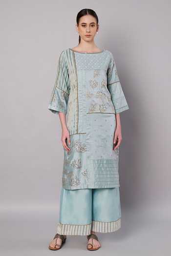 Buy_Doux Amour_Blue Cotton, Chanderi, Tissue Spring Collage Embroidered Kurta And Palazzo Set _at_Aza_Fashions