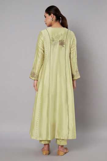Shop_Doux Amour_Yellow Chanderi V-neck Spring Halo Embroidered Anarkali Set _at_Aza_Fashions