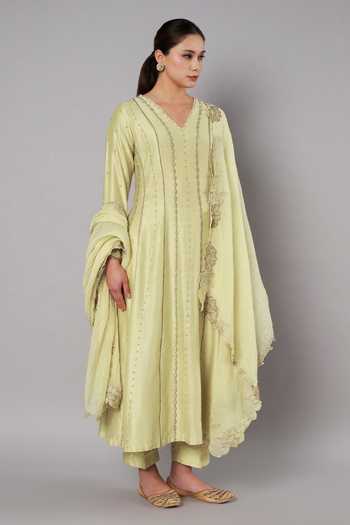 Buy_Doux Amour_Yellow Chanderi V-neck Spring Halo Embroidered Anarkali Set 