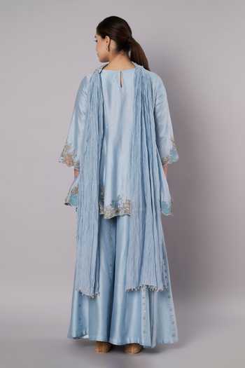 Shop_Doux Amour_Blue Chanderi Round Neck, Yes Meadow Border Embroidered Kurta Sharara Set _at_Aza_Fashions