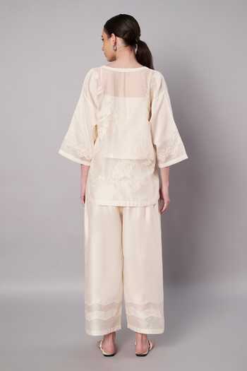 Shop_Doux Amour_Ivory Chanderi, Satin, Modal V-neck Garden Sheer Top And Pant Set _at_Aza_Fashions