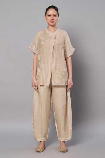 Buy_Doux Amour_Gold Chanderi, Satin, Linen, Modal Round Florette Embroidered Top And Pant Set _at_Aza_Fashions