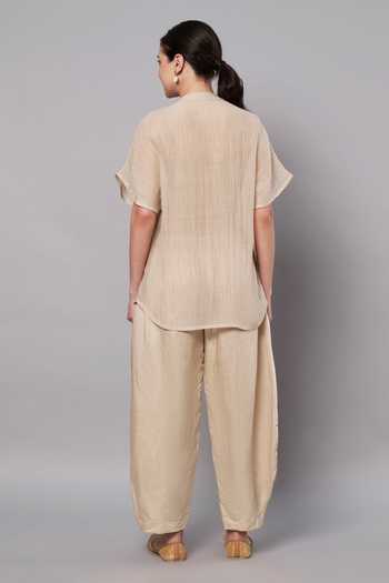 Shop_Doux Amour_Gold Chanderi, Satin, Linen, Modal Round Florette Embroidered Top And Pant Set _at_Aza_Fashions
