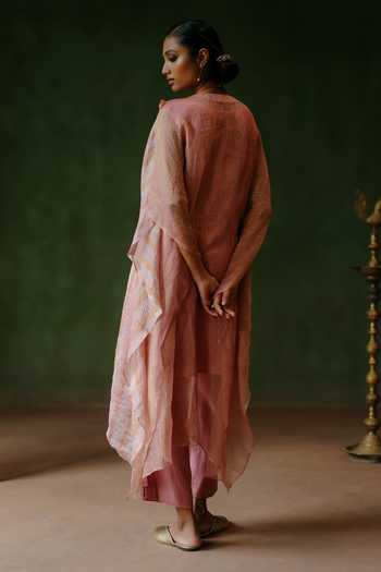 Shop_Alam By Tulsi Patel_Pink Silk, Cotton, Tissue V-neck Yasmin Embroidered Yoke Kaftan And Pant Set _at_Aza_Fashions