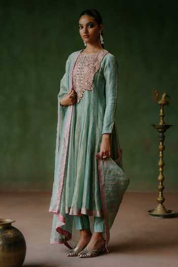 Buy_Alam By Tulsi Patel_Blue Tissue Round Neck Maahi Embroidered Yoke Anarkali Set _at_Aza_Fashions