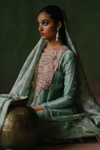 Shop_Alam By Tulsi Patel_Blue Tissue Round Neck Maahi Embroidered Yoke Anarkali Set _at_Aza_Fashions