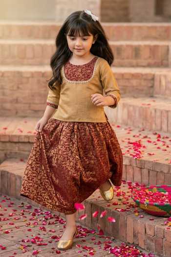 Shop_Petite Pomme_Gold Dupion, Brocade Gota Patti Placement Woven Top And Lehenga Set _at_Aza_Fashions