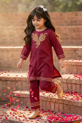 Shop_Petite Pomme_Pink Crepe Embroidery, Sequins, Beads, Zari Paisley Kurta And Pant Set _at_Aza_Fashions