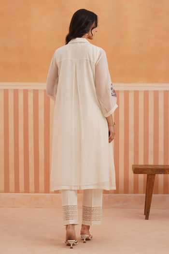 Shop_OMI_Pink Chanderi Embroidery Collared Mul Kurta And Pant Set _at_Aza_Fashions
