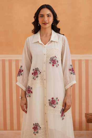 OMI_Pink Chanderi Embroidery Collared Mul Kurta And Pant Set _at_Aza_Fashions