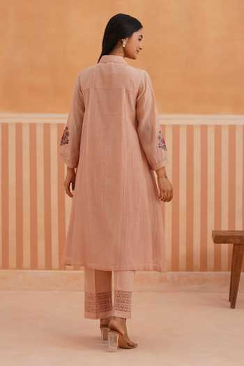 Shop_OMI_Pink Chanderi, Cotton Satin Embroidery Collared, Yes Mul Kurta And Pant Set _at_Aza_Fashions