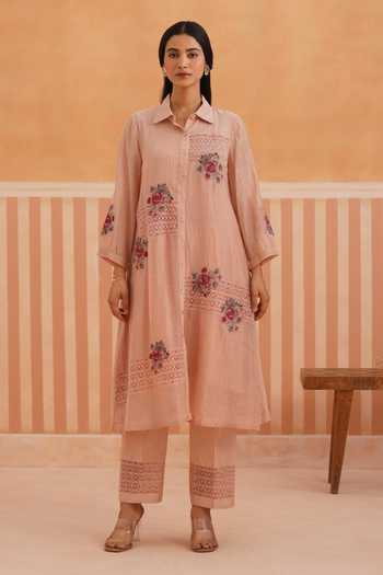 Buy_OMI_Pink Chanderi, Cotton Satin Embroidery Collared, Yes Mul Kurta And Pant Set _at_Aza_Fashions