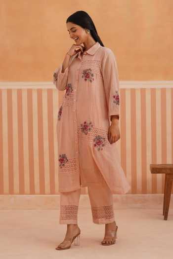 OMI_Pink Chanderi, Cotton Satin Embroidery Collared, Yes Mul Kurta And Pant Set _Online_at_Aza_Fashions