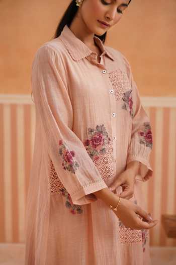 Shop_OMI_Pink Chanderi, Cotton Satin Embroidery Collared, Yes Mul Kurta And Pant Set _Online_at_Aza_Fashions