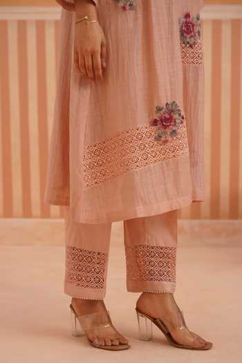 OMI_Pink Chanderi, Cotton Satin Embroidery Collared, Yes Mul Kurta And Pant Set _at_Aza_Fashions