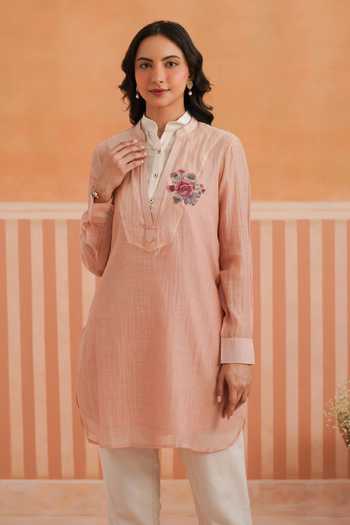 Buy_OMI_Pink Chanderi Embroidery Mandarin Collar, Yes Mul Kurta And Slip Set _at_Aza_Fashions