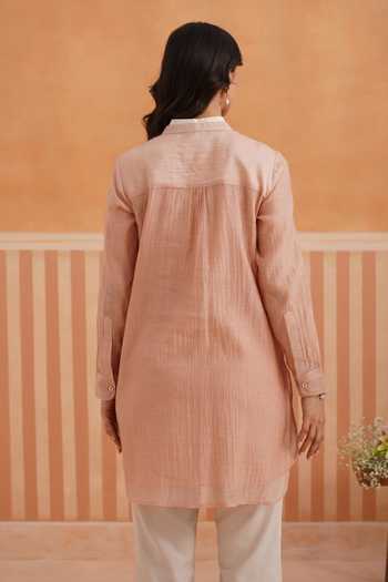 Shop_OMI_Pink Chanderi Embroidery Mandarin Collar, Yes Mul Kurta And Slip Set _at_Aza_Fashions