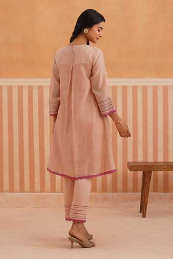 Shop_OMI_Pink Chanderi Embroidery Round Neck Mul Kurta And Pant Set _at_Aza_Fashions
