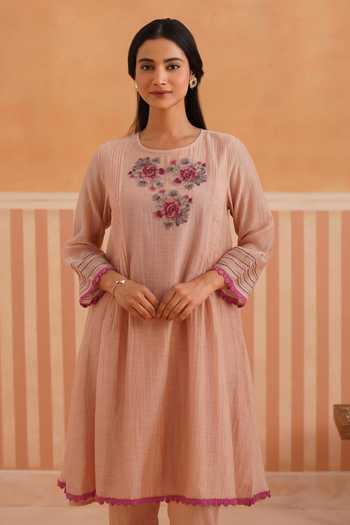 Buy_OMI_Pink Chanderi Embroidery Round Neck Mul Kurta And Pant Set _Online_at_Aza_Fashions