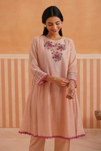 Shop_OMI_Pink Chanderi Embroidery Round Neck Mul Kurta And Pant Set _Online_at_Aza_Fashions