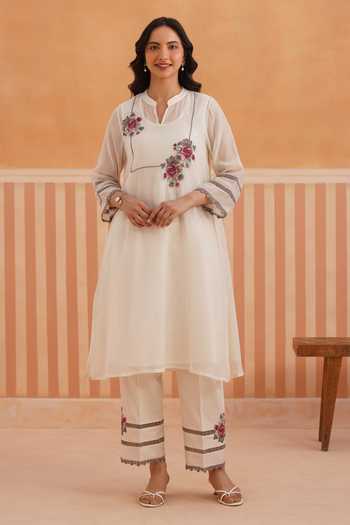 Buy_OMI_Pink Chanderi Embroidery Mandarin Collar, Yes Mul Kurta And Pant Set _at_Aza_Fashions
