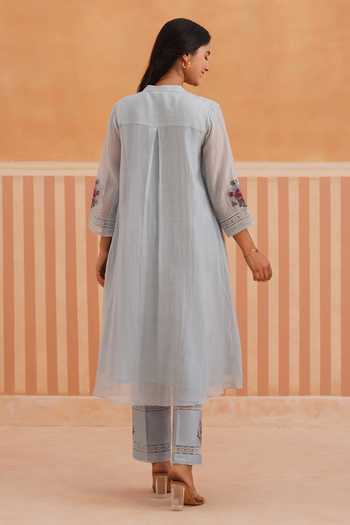 Shop_OMI_Blue Chanderi, Cotton Satin Embroidery Split V-neck, Yes Mul Kurta And Pant Set _at_Aza_Fashions