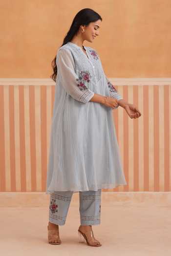 OMI_Blue Chanderi, Cotton Satin Embroidery Split V-neck, Yes Mul Kurta And Pant Set _Online_at_Aza_Fashions