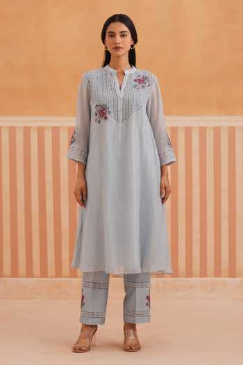 Buy_OMI_Blue Chanderi, Cotton Satin Embroidery Split V-neck, Yes Mul Kurta And Pant Set _Online_at_Aza_Fashions