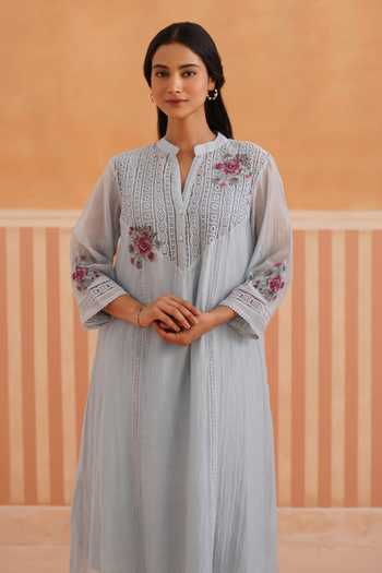 Shop_OMI_Blue Chanderi, Cotton Satin Embroidery Split V-neck, Yes Mul Kurta And Pant Set _Online_at_Aza_Fashions