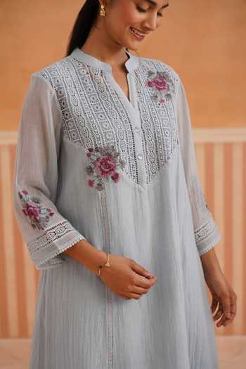 OMI_Blue Chanderi, Cotton Satin Embroidery Split V-neck, Yes Mul Kurta And Pant Set _at_Aza_Fashions