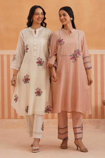 Buy_OMI_Pink Chanderi, Cotton Satin Embroidery Mandarin Collar, Yes Mul Kurta Set _Online_at_Aza_Fashions