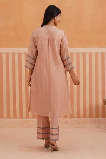 Shop_OMI_Pink Chanderi, Cotton Satin Embroidery Mandarin Collar, Yes Mul Kurta Set _at_Aza_Fashions