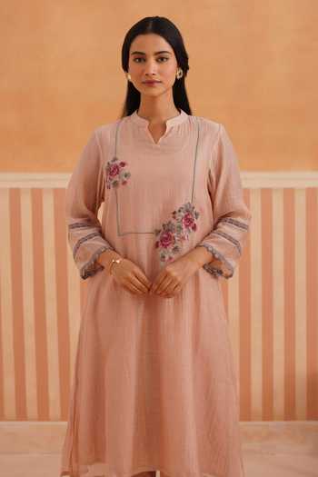 Shop_OMI_Pink Chanderi, Cotton Satin Embroidery Mandarin Collar, Yes Mul Kurta Set _Online_at_Aza_Fashions