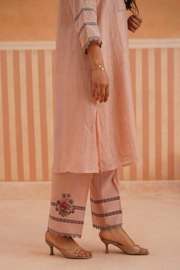 OMI_Pink Chanderi, Cotton Satin Embroidery Mandarin Collar, Yes Mul Kurta Set _at_Aza_Fashions